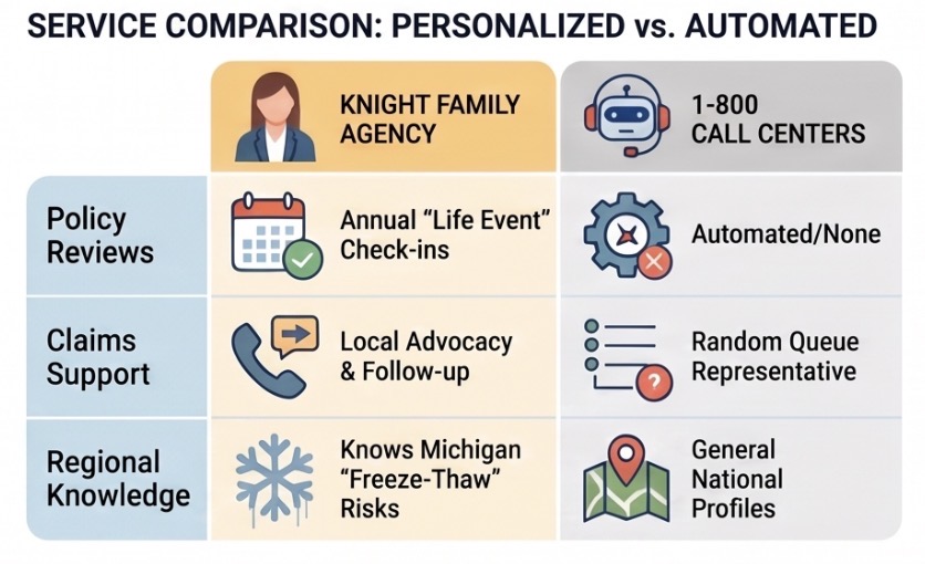Comparison showing Knight Family Agency's personalized service versus automated call centers