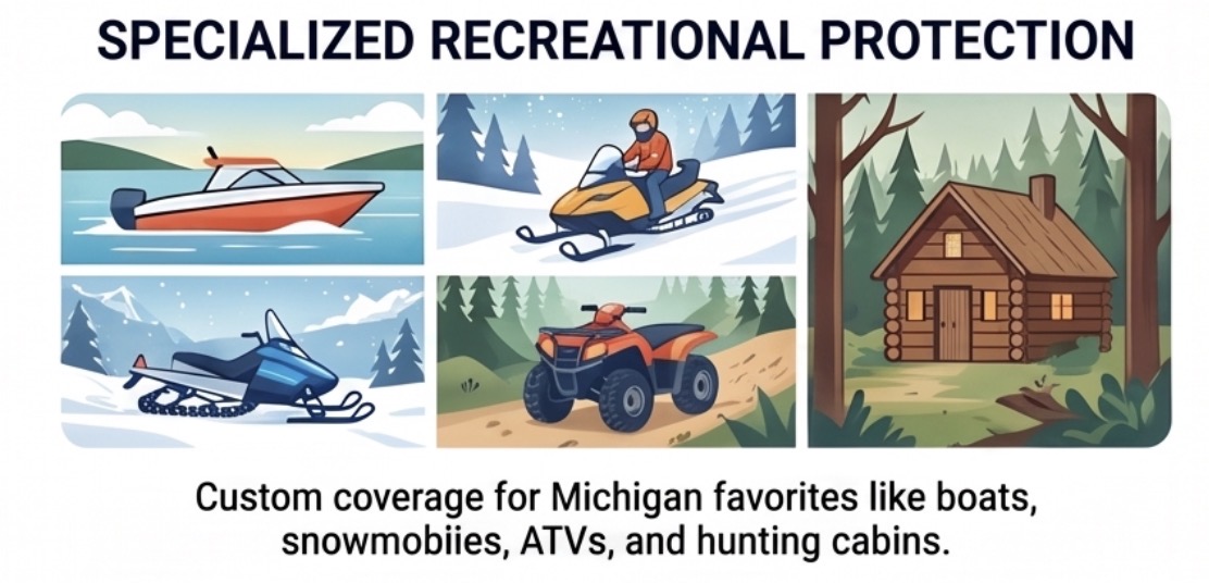 Specialized recreational protection for boats, snowmobiles, ATVs, and hunting cabins