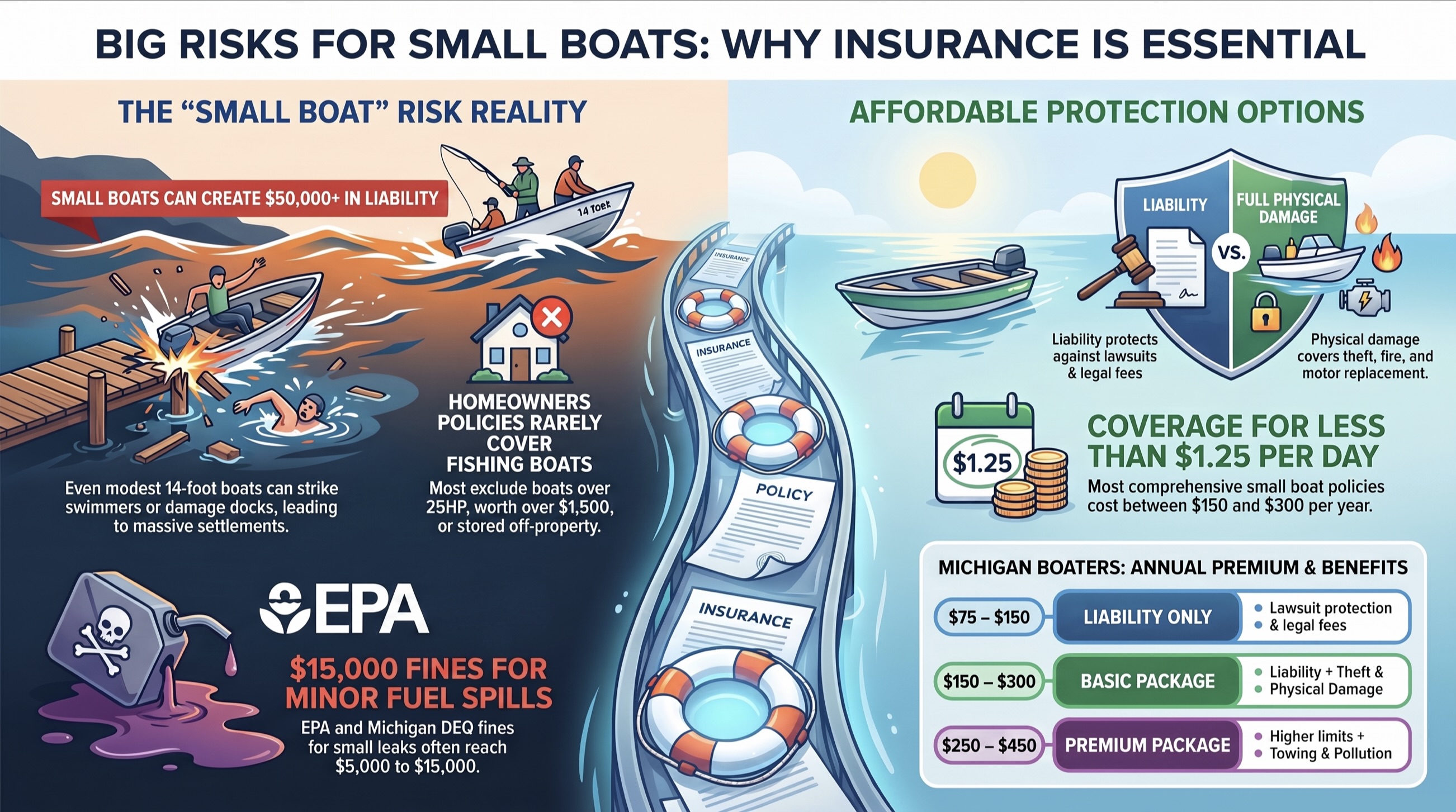 Small boat insurance risks in Michigan, including liability, physical damage, fuel spills, and affordable protection options