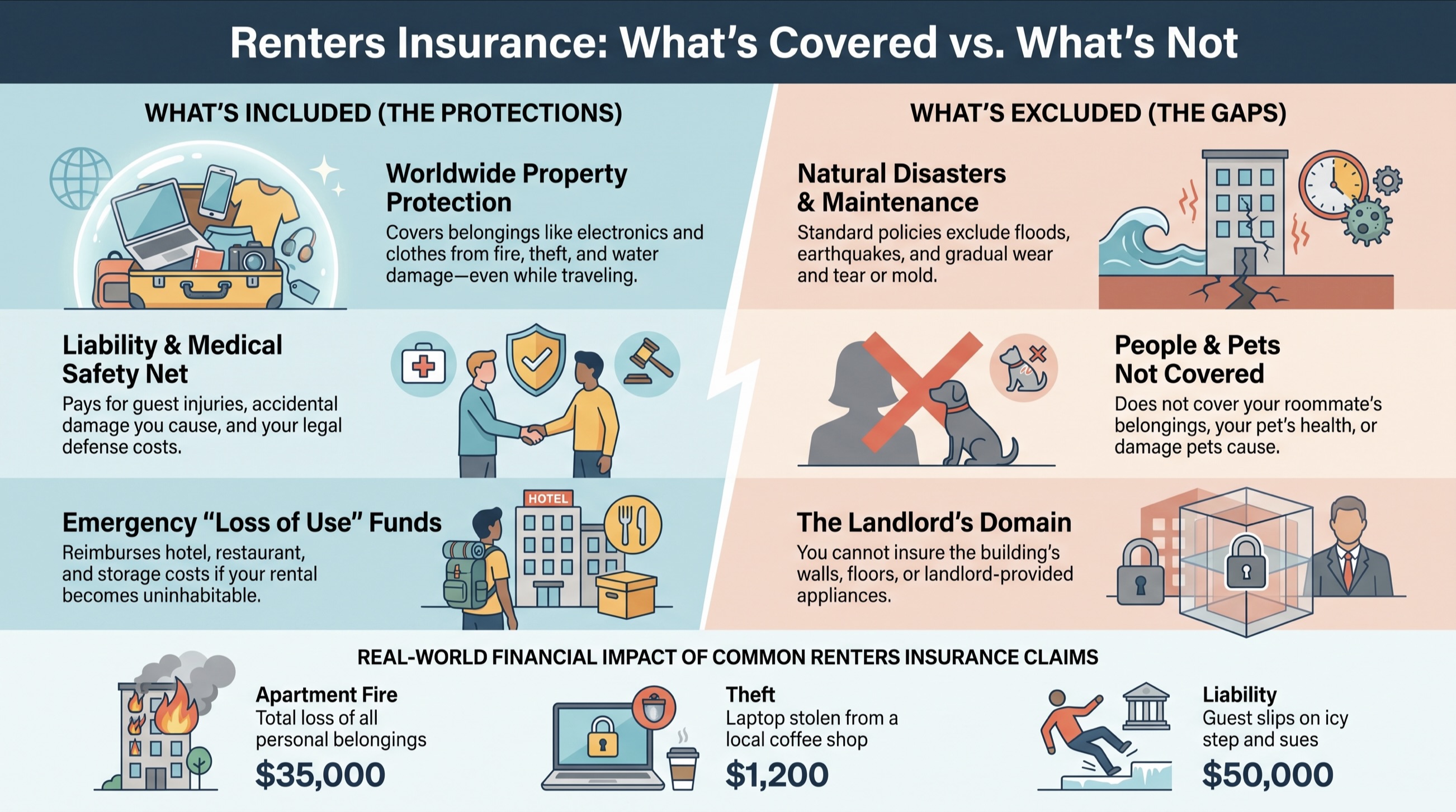 Renters insurance comparison showing covered personal property, liability, and loss of use alongside exclusions such as natural disasters, roommates, pets, and the landlord's building