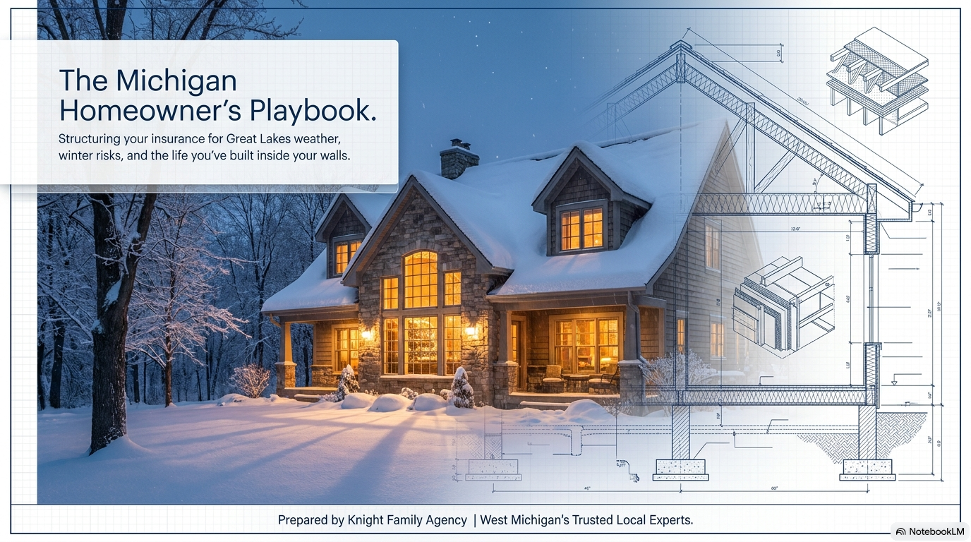 The Michigan Homeowner's Playbook showing a warmly lit winter home alongside architectural plans